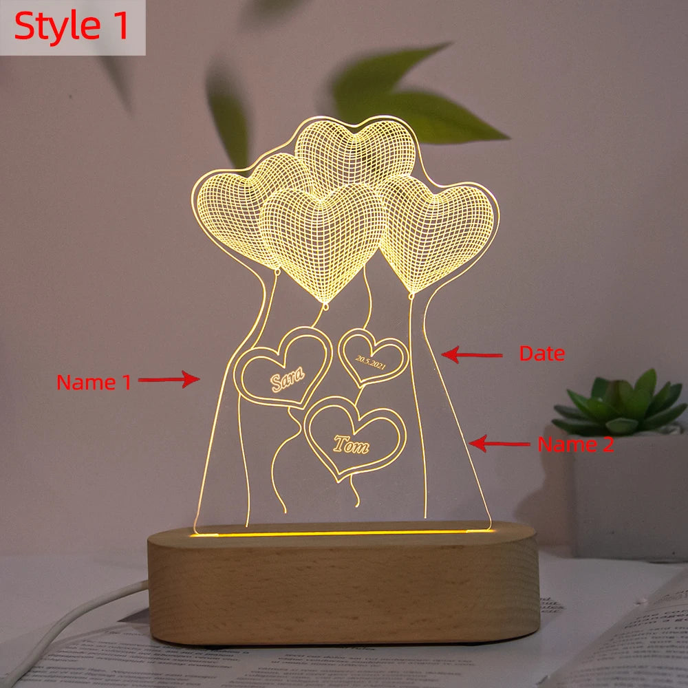 Personalized Name Date 3D Illusion NightLight USB LED Wood Base Acrylic Lamp