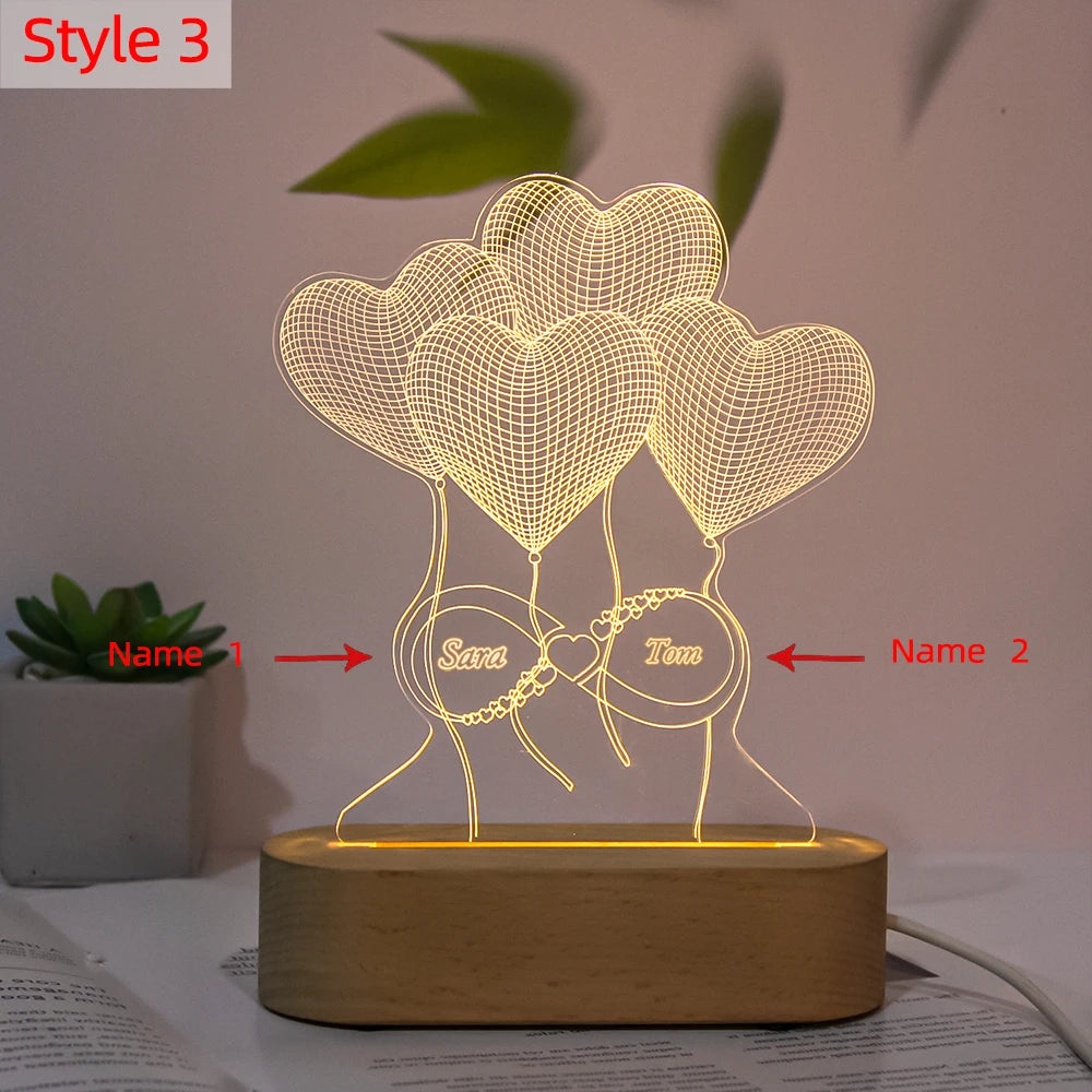 Personalized Name Date 3D Illusion NightLight USB LED Wood Base Acrylic Lamp