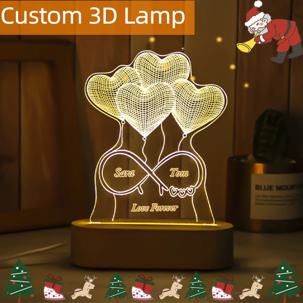 Personalized Name Date 3D Illusion NightLight USB LED Wood Base Acrylic Lamp