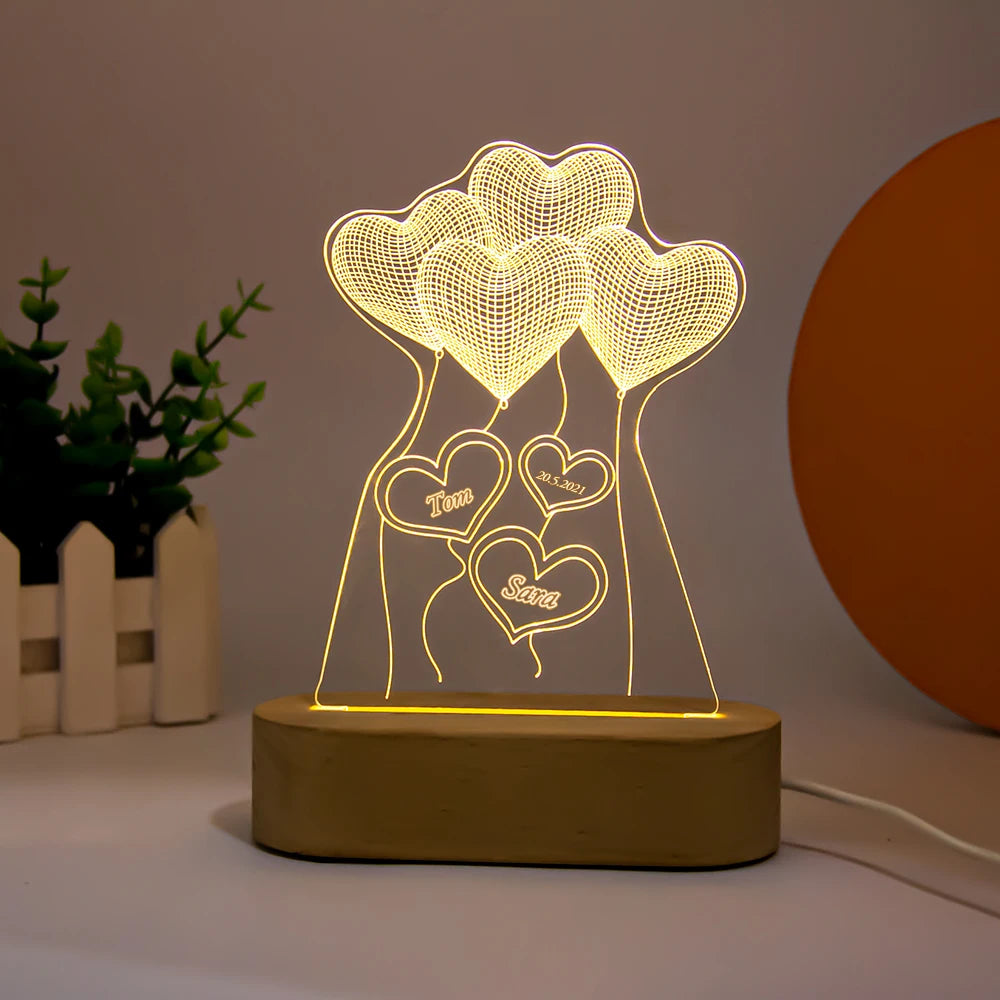 Personalized Name Date 3D Illusion NightLight USB LED Wood Base Acrylic Lamp