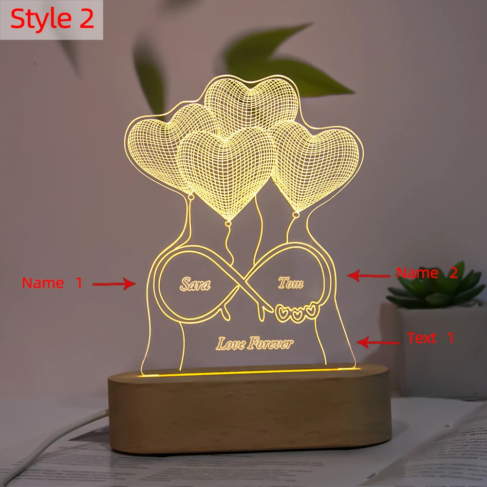 Personalized Name Date 3D Illusion NightLight USB LED Wood Base Acrylic Lamp