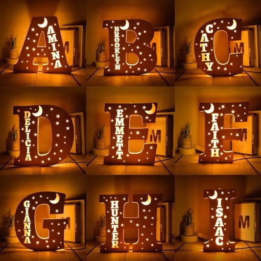 Custom 26 Letters LED Night Light Personalized With Stars Wooden Lamp