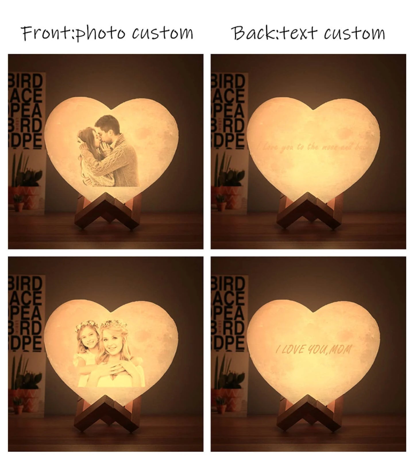 Customized Moon Lamp with Photo Text Heart Shape 3D Moon Night Light